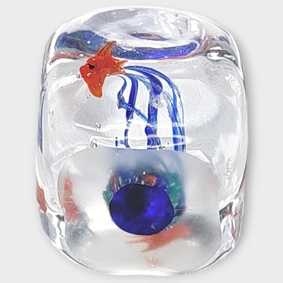Art Glass Orange Angle Fish Paperweight Cube 2" x 2" x 2" - Picture 6 of 6
